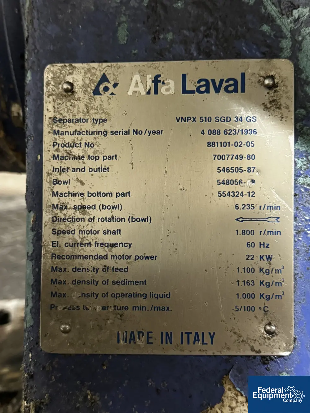 Alfa-Laval #VNPX-510" SGD-34-GS, disc centrifuge clarifier, Stainless Steel bowl, 6235 rpm max bowl speed, 29 - Image 2