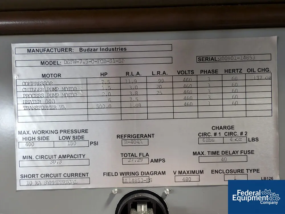 6 KW Budzar #DSFW-7.56-C-FCB-S1-SP, thermal fluid temperature control unit, design temp range -40 to +180 c - Image 2