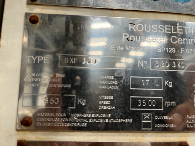 12.5" Rousselet Robatel #BXP-320, basket centrifuge, 17 liter bowl capacity, 3200 rpm, 2015 - Image 7