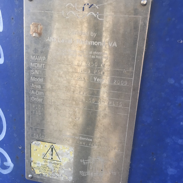 35 sq.ft., Alfa-Laval, 16FG, 150 psi @ 250°F, Carbon Steel frame, 316 Stainless Steel plates - Image 3