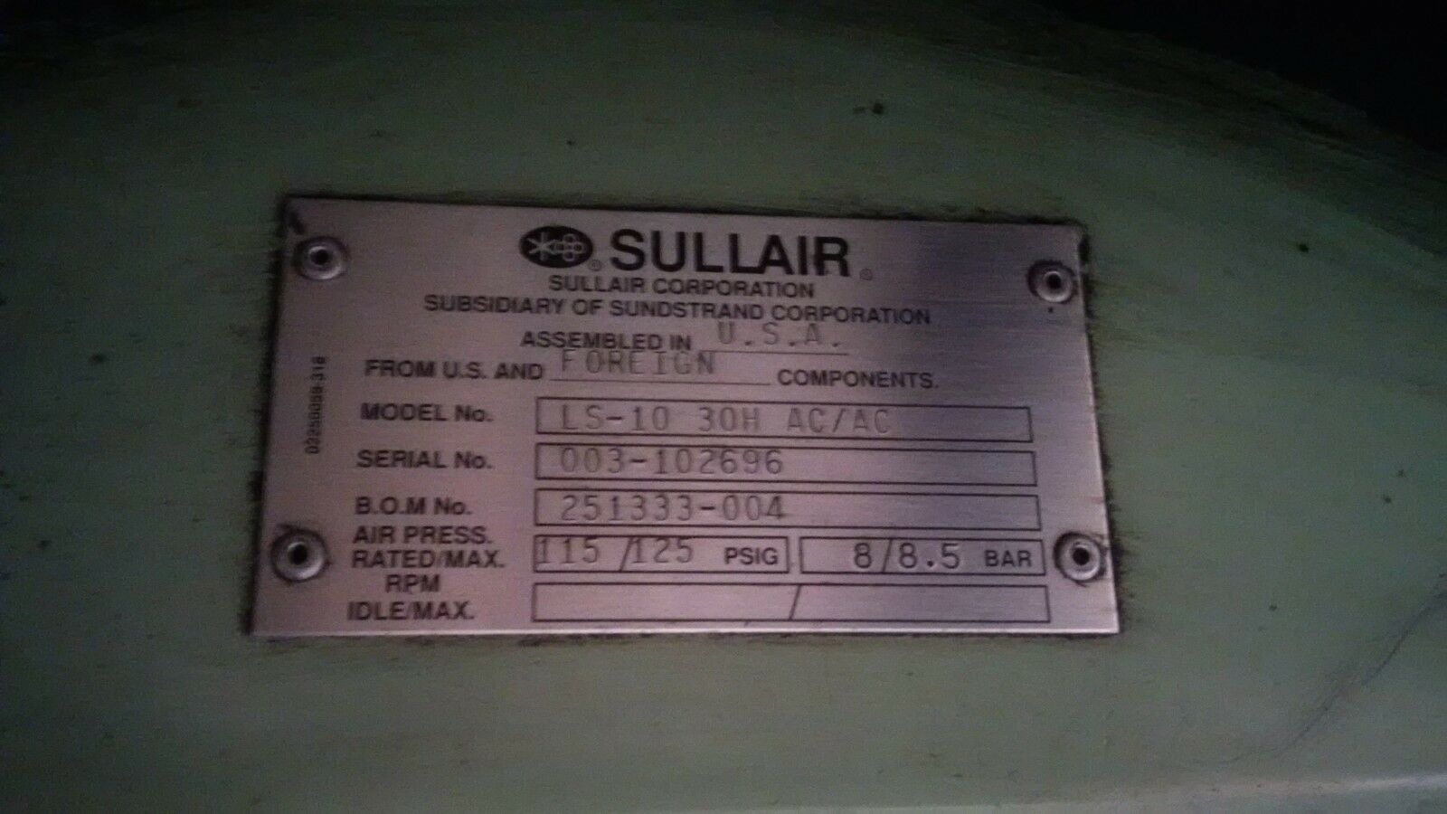 115/125 psi, Sullair #LS10-30H, Screw-Type Air Compressor, 8/8.5 bar, 30 HP, 200/400 V - Image 3