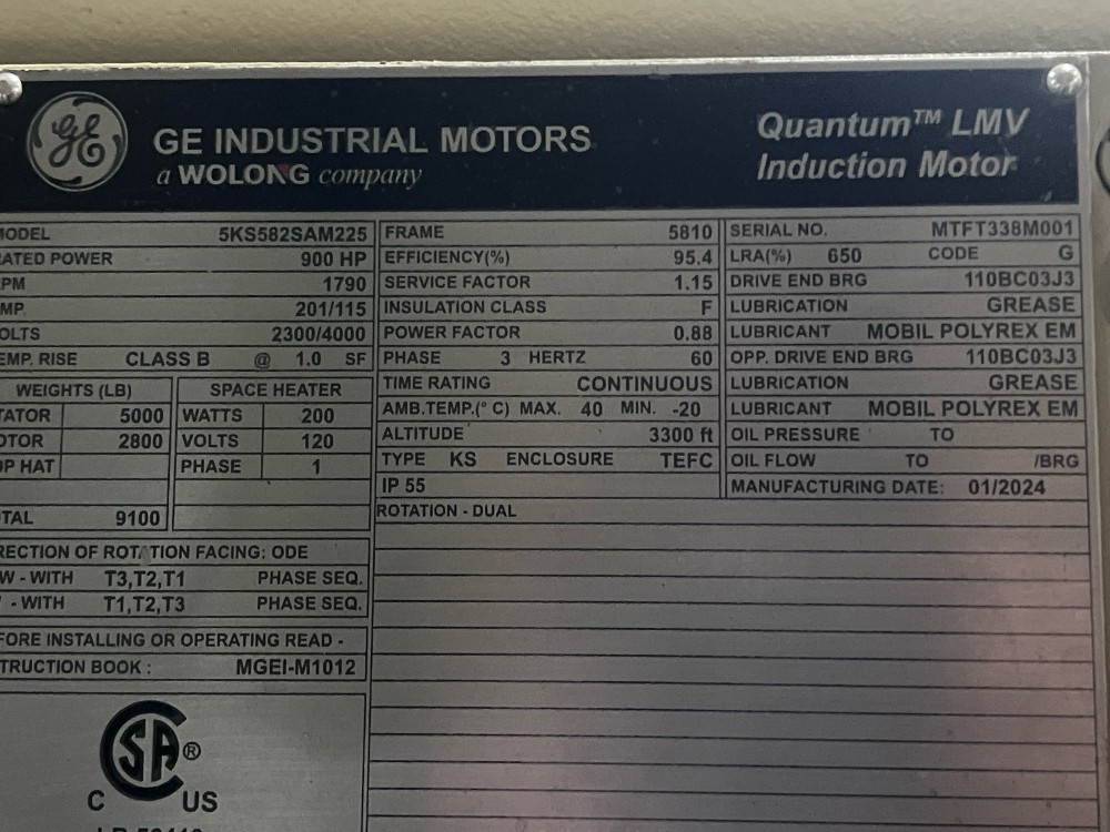 900 HP 1800 RPM General Electric, Frame 5809/10, TEFC, Ball Bearing, 1.15 service factor, 2300/4160 Volts - Image 1
