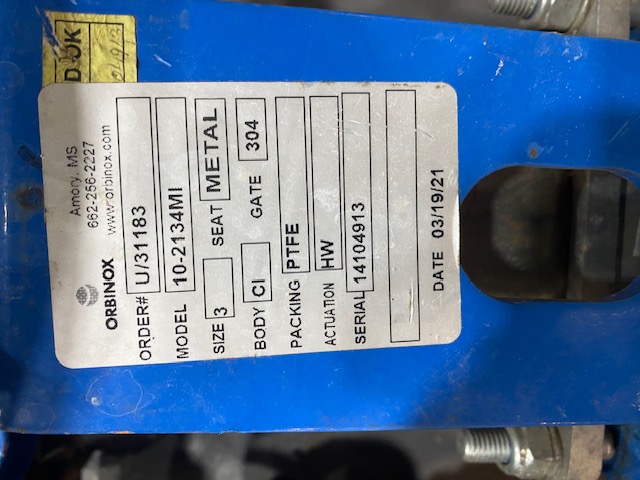 3" Orbinox #10-2134MI, slide gate valve, Seat-Metal, Body - CI, Gate - 304 Packing- PTFE, 2021 - Image 2
