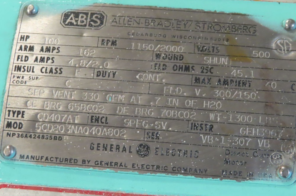 100 HP 1150/2000 RPM General Electric, DPFG-BV, 500 VA - Image 5