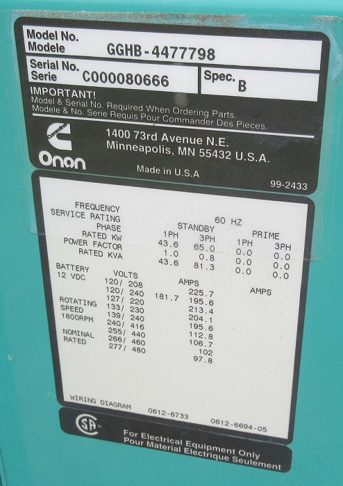 65 KW Onan / Onan #GGHB-4477798, Natural Gas or Propane Generator - Image 9