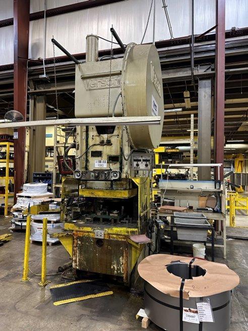 150 Ton, Verson #150-OBI, mechanical metal stamping gap frame