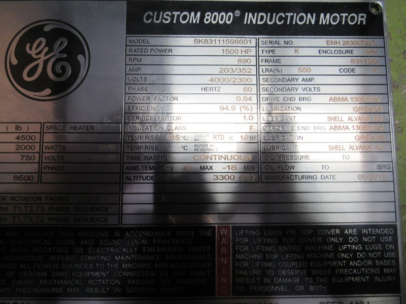1500 HP 900 RPM General Electric, Frame 8311SU, weather protected enclosure type 2, BB, new, 2300/4000 Volts - Image 1