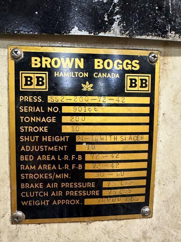 200 Ton, Brown & Boggs #SS2-200-72-42, straight side double crank press, 10" stroke, 24" Shut Height, 10" - Image 3