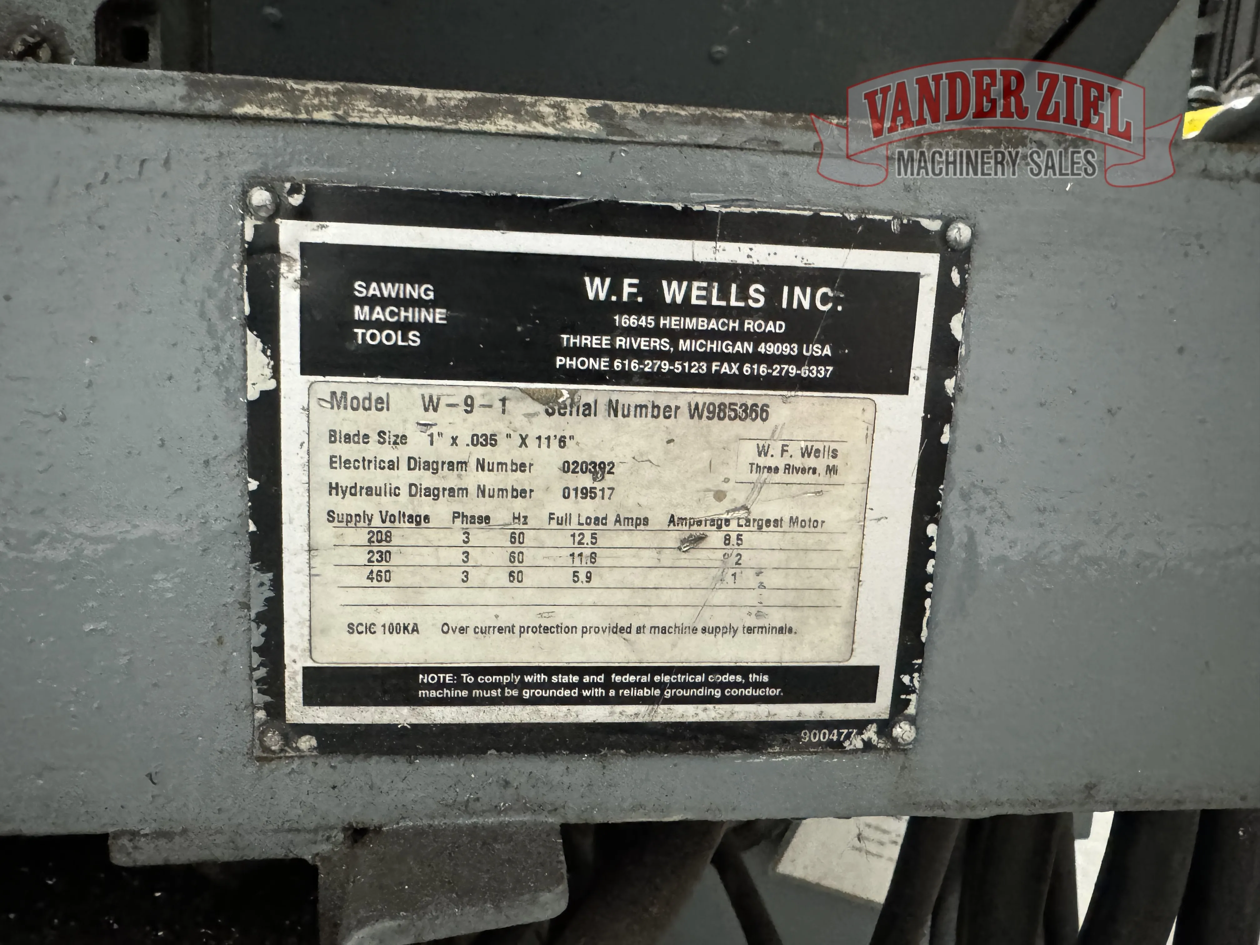 9" x 17" W.F. Wells #W-9, horizontal band saw, 11' 6" x 1" x .035" blade, 70-380 SFPM - Image 8