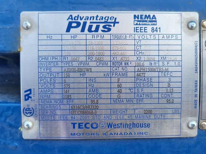 150 HP 1185 RPM Teco Westinghouse, Frame 447T, Marine duty, 575 Volts, new surplus - Image 2