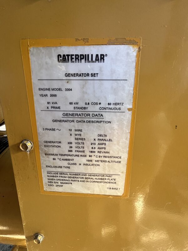 65 KW Caterpillar #3304DIT, diesel generator set, 277/480 Volts, 3-phase, 2000 - Image 8