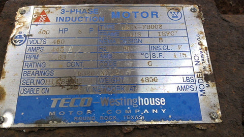 400 HP 1200 RPM Westinghouse AEEA-FB002, Frame 5011S, TEFC, 460 Volts - Image 2