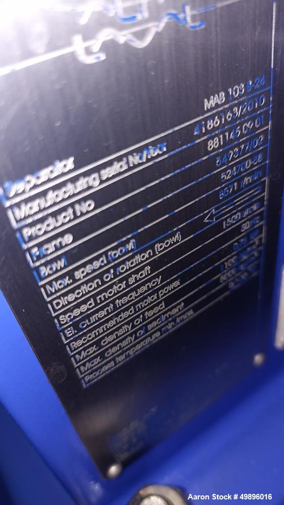 Alfa-Laval #MAB-103, Solids Retaining Centrifuge, 8571 RPM Bowl, .75 kW, 14 kW heater, 2010 - Image 5