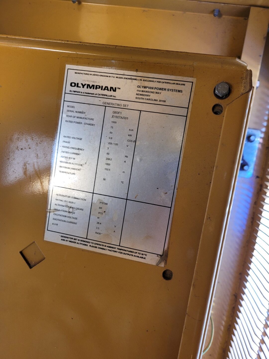 60 KW Olympian #G60F1, Natural gas generator, watherproof attenutated enclosure, 120/208 Volts, 348 hours - Image 5