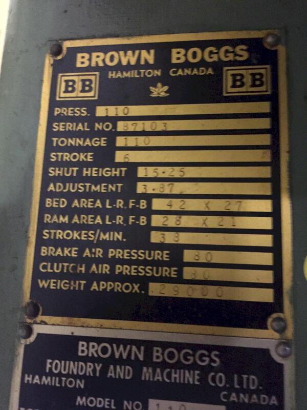 110 Ton, Brown & Boggs #110, OBI press, 6" stroke, 15.25" Shut Height, 3.87"adj., 33 SPM, 42" x27"bed, air - Image 4