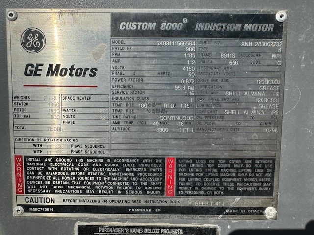 900 HP 1185 RPM General Electric, Frame 8311S, weather protected enclosure type 2, 1.15 service factor, BB - Image 2