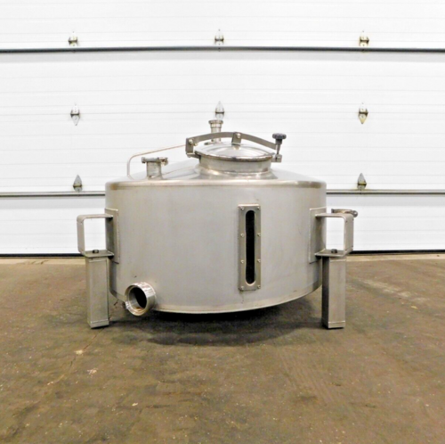 100 gallon SBC balance tank, 304 Stainless Steel, CIP ball, 43" dia., 16"-19" straight wall, sloped bottom - Image 1