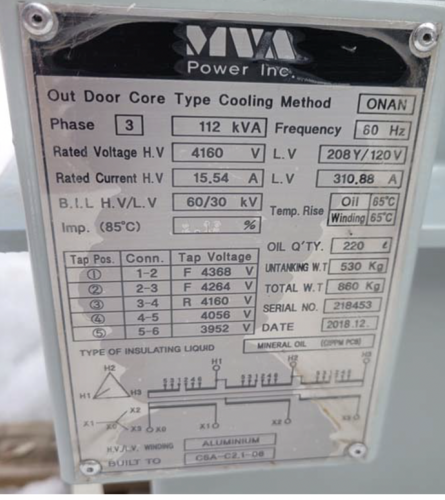 112 KVA 4160 Primary, 208Y/120 Secondary, MVA Power, pole mount transformers, surplus, 2018 - Image 2