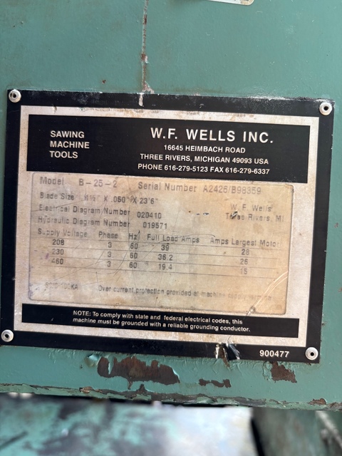 40" x 25" W.F. Wells #B25-2, semi-auto horizontal band saw, 2" blade width, 1998 - Image 8