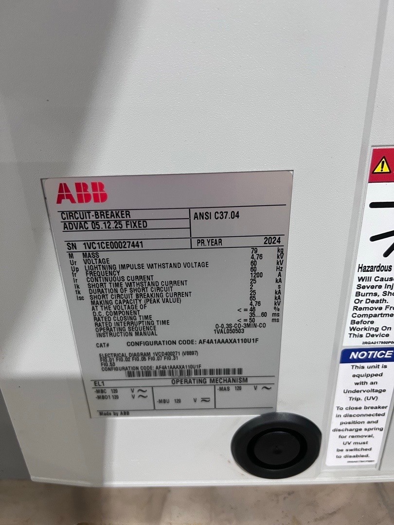 1200 Amps, ABB, ADBAC, 5 KV Breaker fixed, new (2X) - Image 2