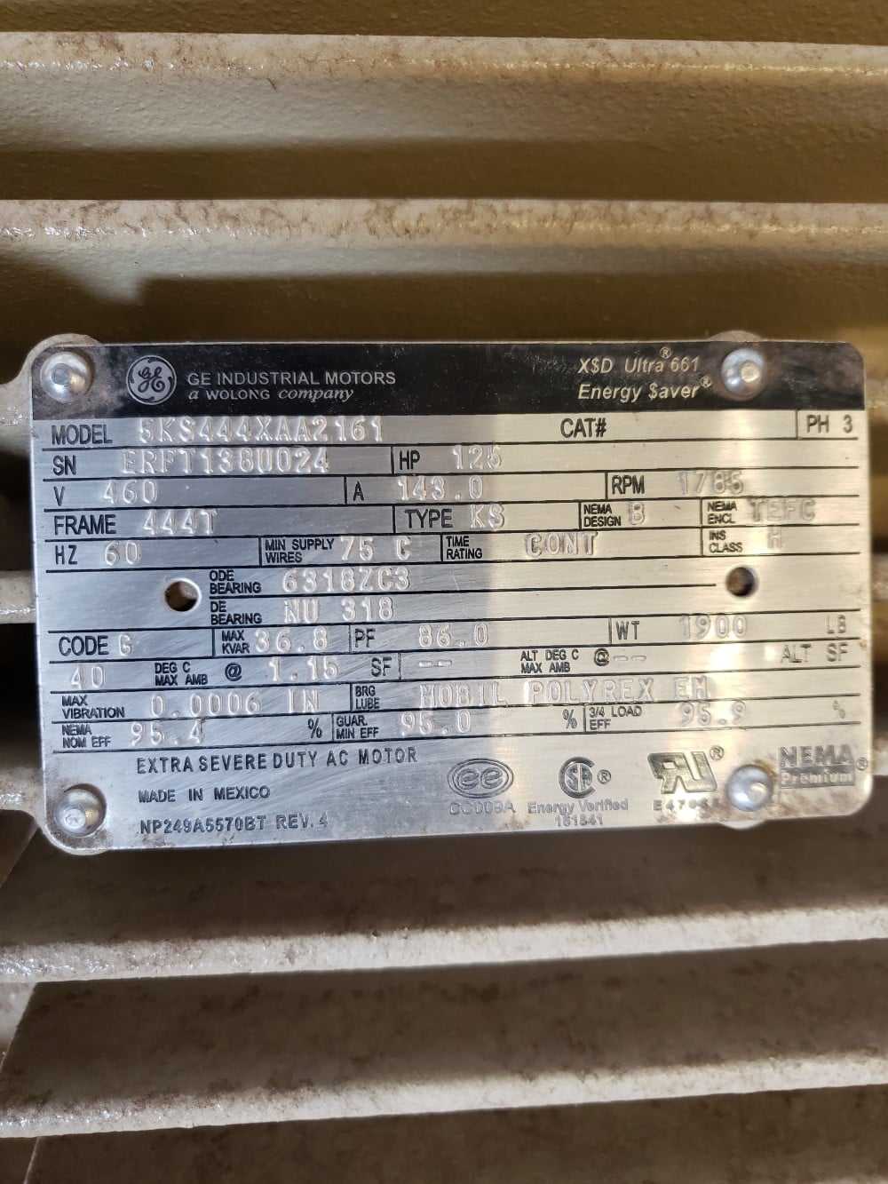 125 HP 1800 RPM General Electric, Frame 444T, TEFC, roller bearing, 1.15 service factor, new surplus, 460 - Image 1