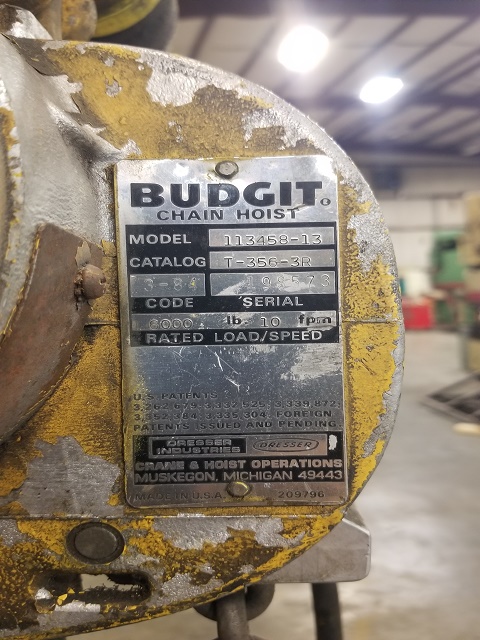 3 Ton, Budgit #113458-13, electric chain hoist, 10' lift, push button pendant, manual trolley - Image 9