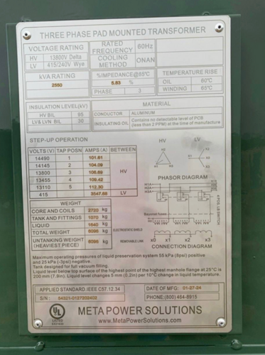 2550 KVA 13800 Delta Primary, 415/240 Secondary, WYE, Padmounted Transformer, Oil - Image 1