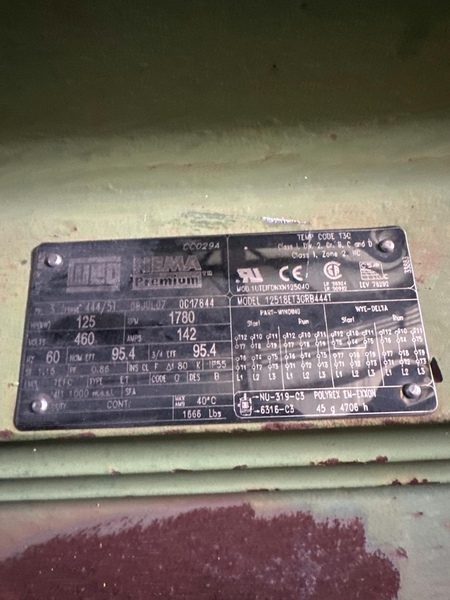 125 HP 1780 RPM Weg, Frame 444/5T, TEFC, 141 A., 460 Volts - Image 1