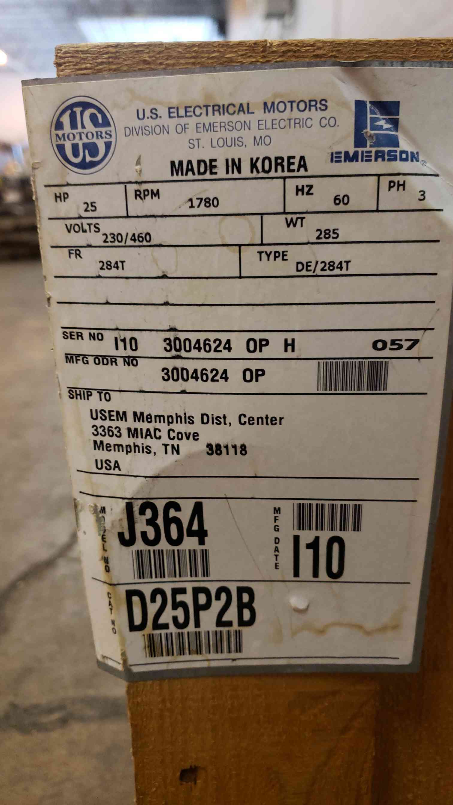 25 HP 1780 RPM US Motors, Frame 284T, 230/460 Volts - Image 3