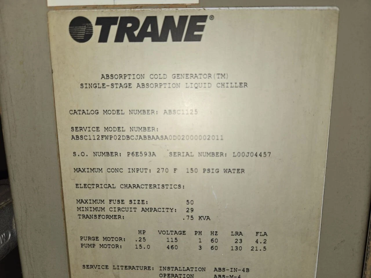 Trane #ABSC1125, Absorption cold generator single stage liquid chiller - Image 2