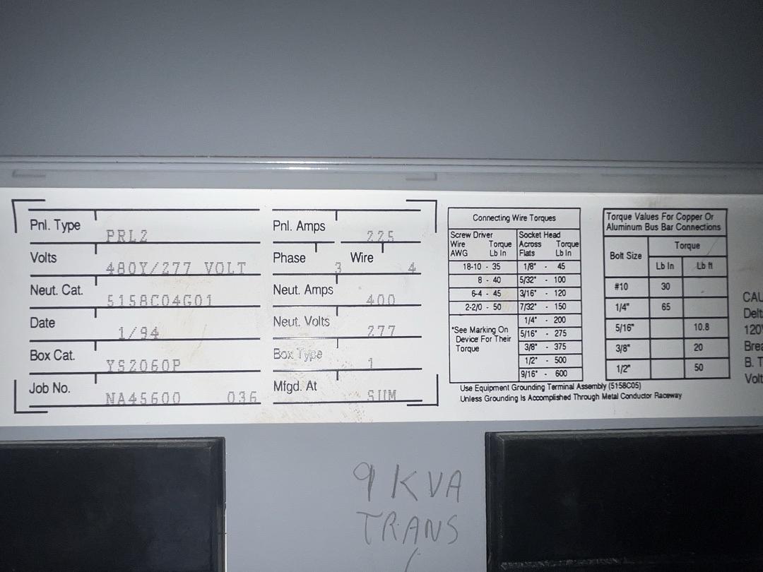 225 Amp. Westinghouse, PRL2, Panelboard, (8) breakers, 4 Wire, 3 phase, 480Y/277 V, 1994 - Image 5