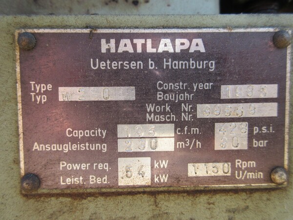 428 psi, Hatlapa #W280 Compressor, 54kW, 1985 - Image 3