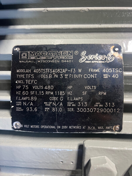 75 HP 1200 RPM Marathon, Frame 405TSC, TEFC, reconditioned, 480 Volts - Image 3