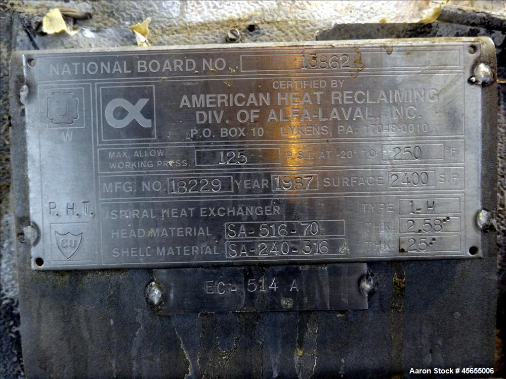 2400 sq.ft., Alfa Laval, Spiral Heat Exchanger, 316 Stainless Steel, 125 psi at 250 degrees F. - Image 7