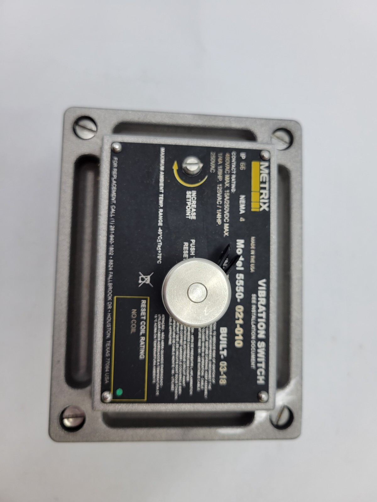 Metrix #5550-021-010, Mechanical Vibration Switch 480 VAC, 15A, 250VDC, NEMA Size 4, unused - Image 2