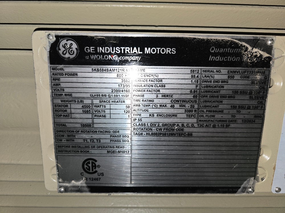 800 HP 3600 RPM General Electric, Frame 5811/12LS, TEFC, CU Rotor, sleeve, 1.15 service factor, VFD Duty - Image 9