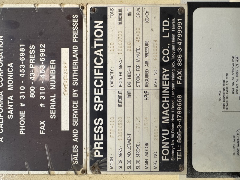 121 Ton, Sutherland #Mark-2-121, OBS gap frame press, 3" stroke, 14.96" die space, 45-90 SPM, 2000 - Image 10