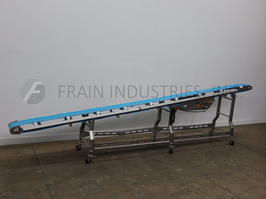 12" wide x 23.4' long, Smalley, Stainless Steel inclined belt conveyor, food grade belt - Image 1