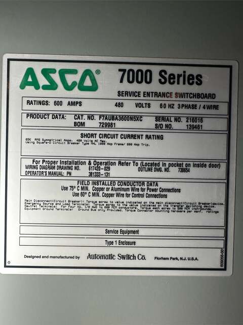 600 Amp. Asco, automatic transfer switch, 480 Volts, service entry breaker - Image 10
