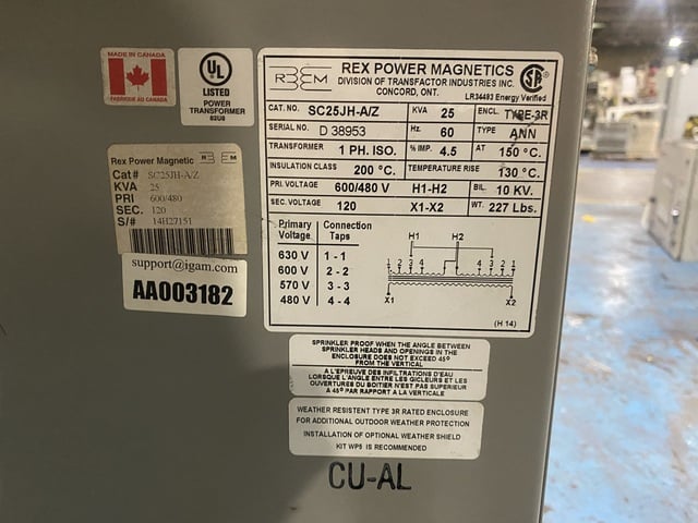 25 KVA 600/480 Primary, 120 Secondary, Rex Power Magnetics SC25JH-A/Z, general purpose transformer - Image 4