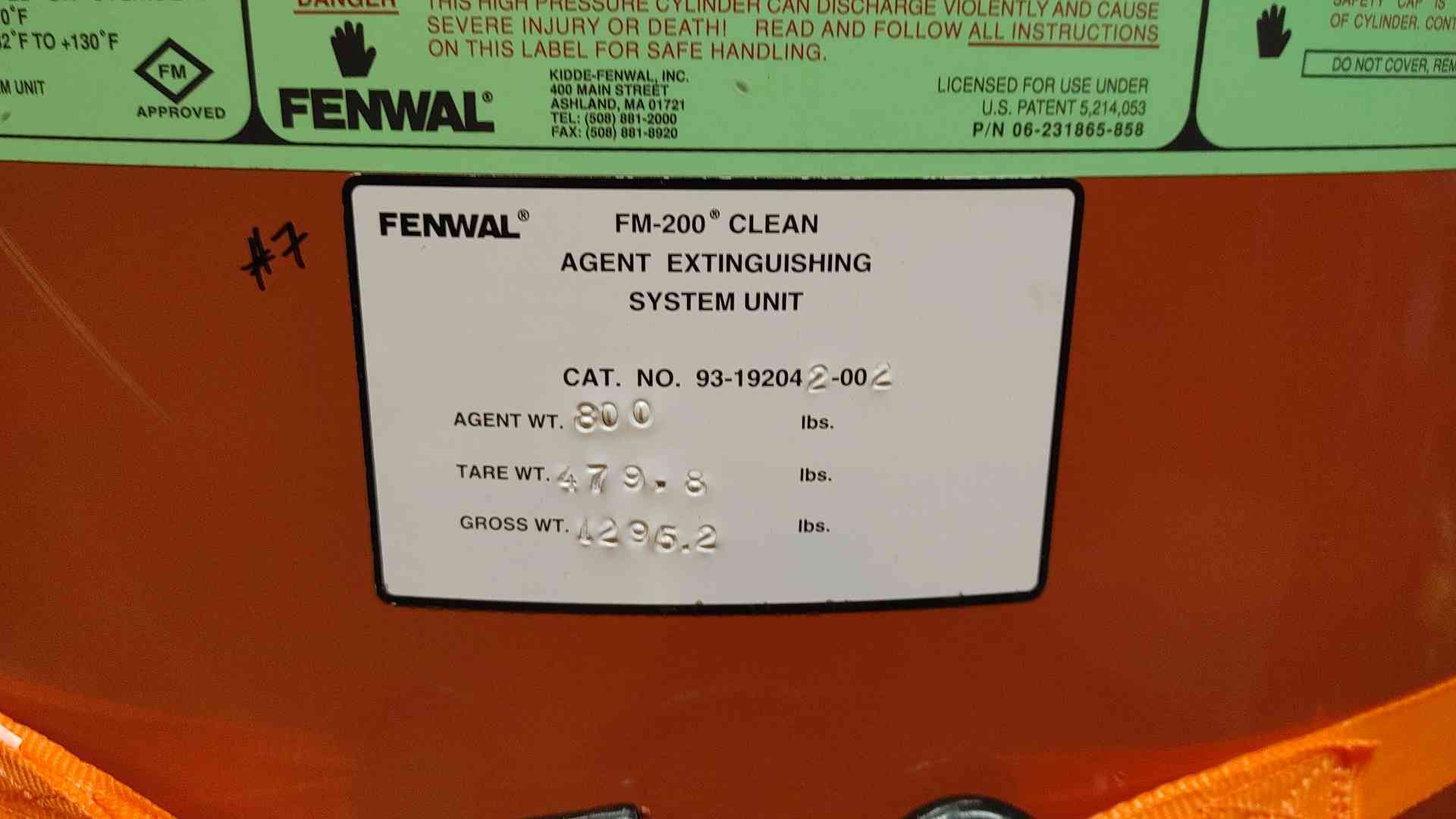 800 lbs. Fenwal, Fire Suppression System, FM-200 Agent, 32-130 F temp. range, 360 psig @ 70 F - Image 2