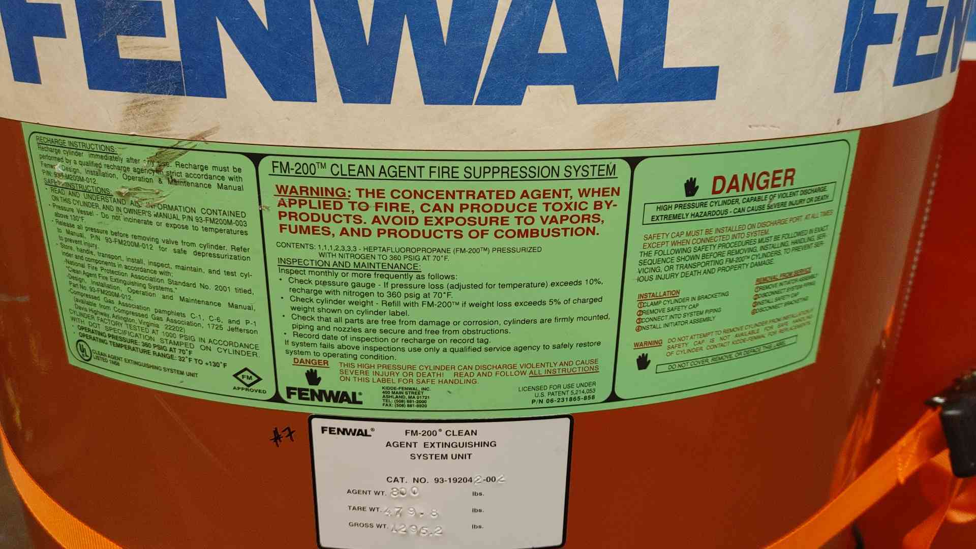 800 lbs. Fenwal, Fire Suppression System, FM-200 Agent, 32-130 F temp. range, 360 psig @ 70 F - Image 7