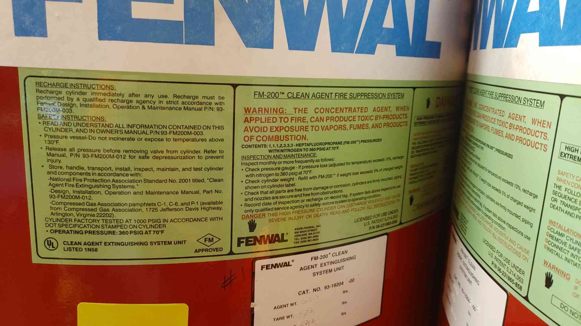 513 lbs. Fenwal, Fire Suppression System, FM-200 Agent, 130 F max temp., 360 psig @ 70 F - Image 7