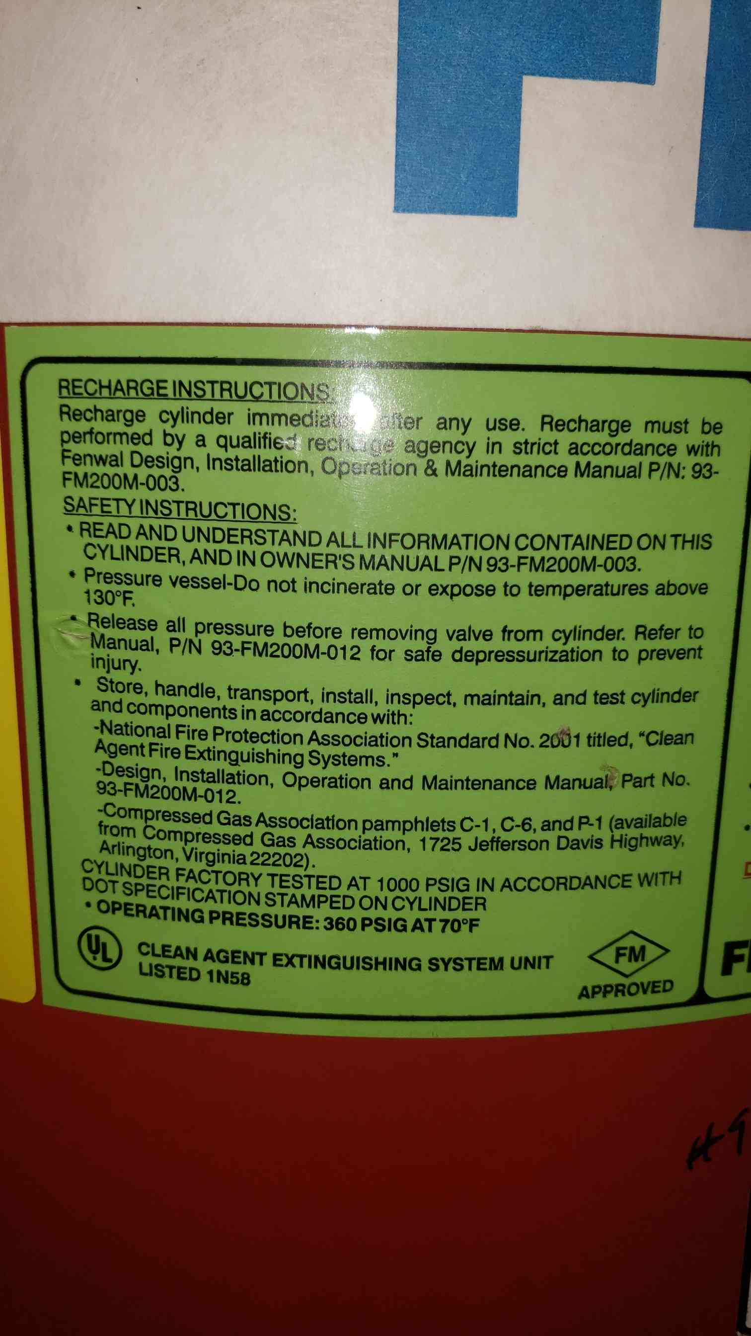 275 lbs. Fenwal, Fire Suppression Tank, FM-200 Agent, 130 F max temp., 360 @ 70 F - Image 3