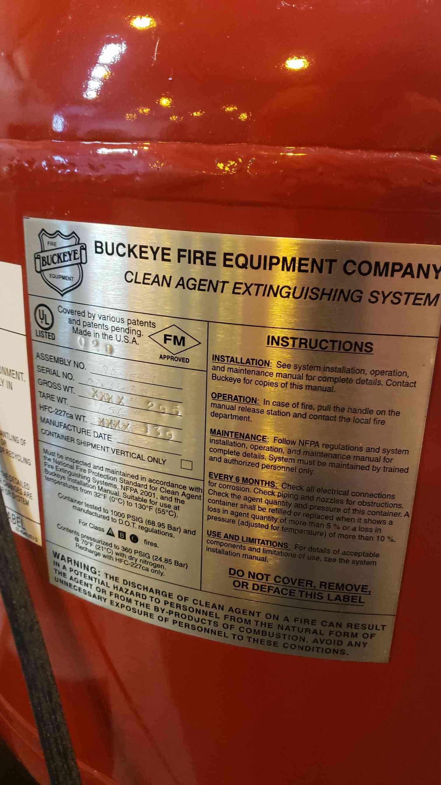 133 lbs. Buckeye, Fire Clean Agent Cylinder, Partly Full, FM-200 Agent, 32-130 F temp. range, 360 psig @ 70 F - Image 2