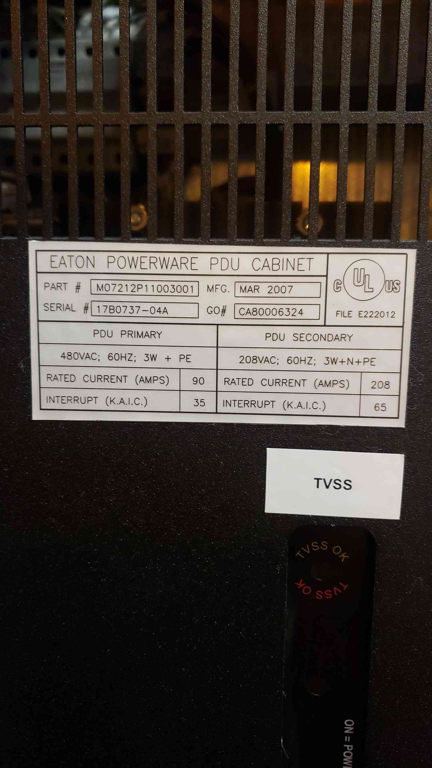 75 KVA Eaton, PDU Cabinet, w/Breaker Distribution Transformer, 3 phase, 480 x 208Y/120 V, 2007 - Image 5