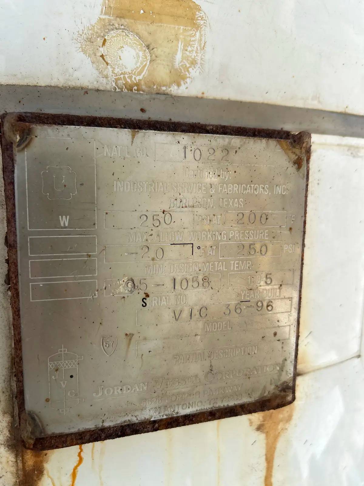 Jordan Vessel Corporation #VIC-36-96, ammonia vertical intercooler, 36" x 96" tank, 530 gallon, 1995 - Image 10