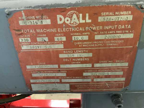 9" x 16" DoAll #C916A, horizontal band saw, 158" x 1" blade, coolant, parts counter, 1997 - Image 4