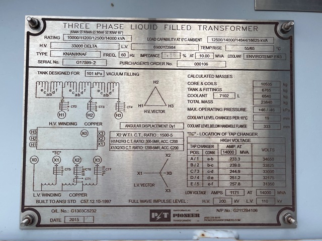 14 MVA 33000 Delta Primary, 6900Y/3984 Secondary, Pioneer transformer, surplus, 2015 - Image 6