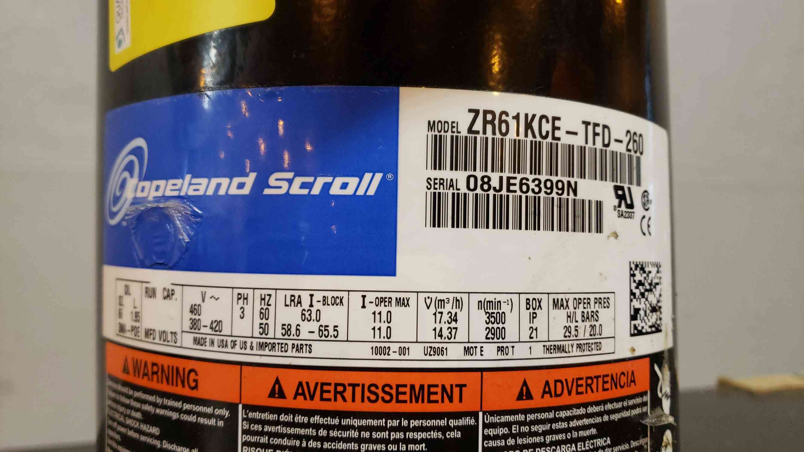 Copeland Scroll #ZR61KCE-TFD-260, Compressor, 10" L x 9" width x 18" H, 460 V - Image 2